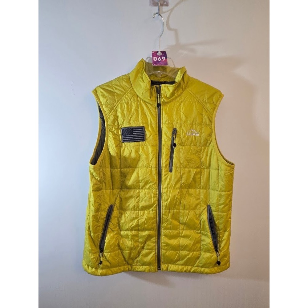 LL Bean Womens PrimaLoft Vest Packaway Puffer Yellow Quilted Flag Patch Size L